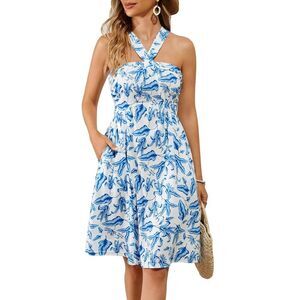 Women's Summer Flowy A Line Floral Sundress Criss Cross Halter Neck Beach Dress